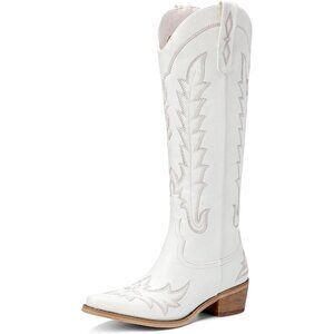 ⚡ Women White Polyurethane Knee High Pointed Toe Chunky Heel Cowgirl Boots